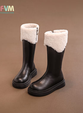 女童鞋子儿童长靴子2025新款冬季长筒高筒皮靴加绒雪地靴大棉冬鞋