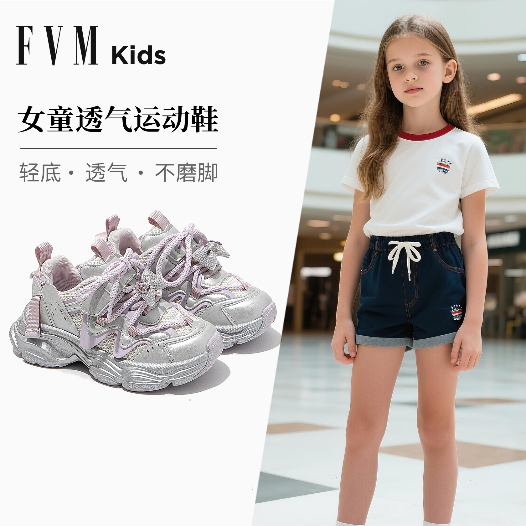 FVM女童运动老爹鞋2025新款儿童网面透气单网夏季薄款中大童网鞋