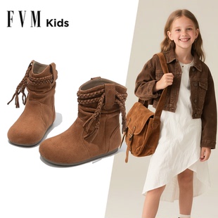 女童靴子儿童公主马丁靴2025新款秋冬季中筒勃肯流苏堆堆皮靴洋气