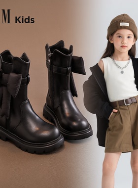 女童靴子秋冬季2025新款洋气儿童中长筒高筒女宝公主马丁皮靴加绒