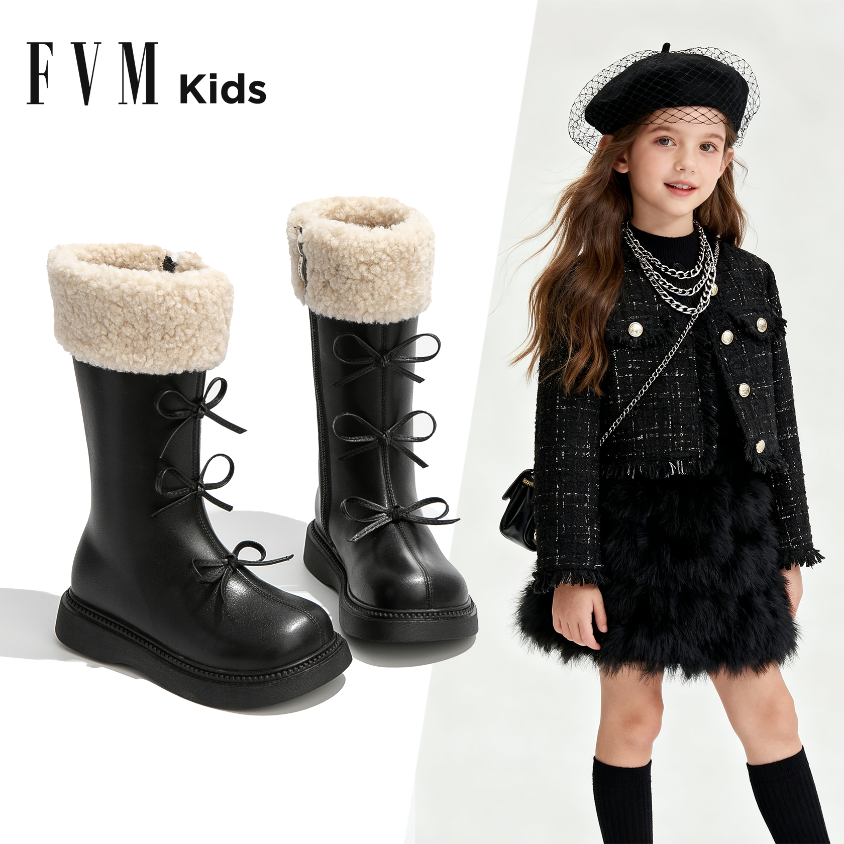 女童长筒靴子加绒冬季