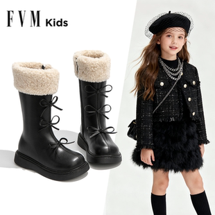 女童长筒靴儿童洋气小公主靴子2025新款秋冬加绒加厚黑色女孩皮靴
