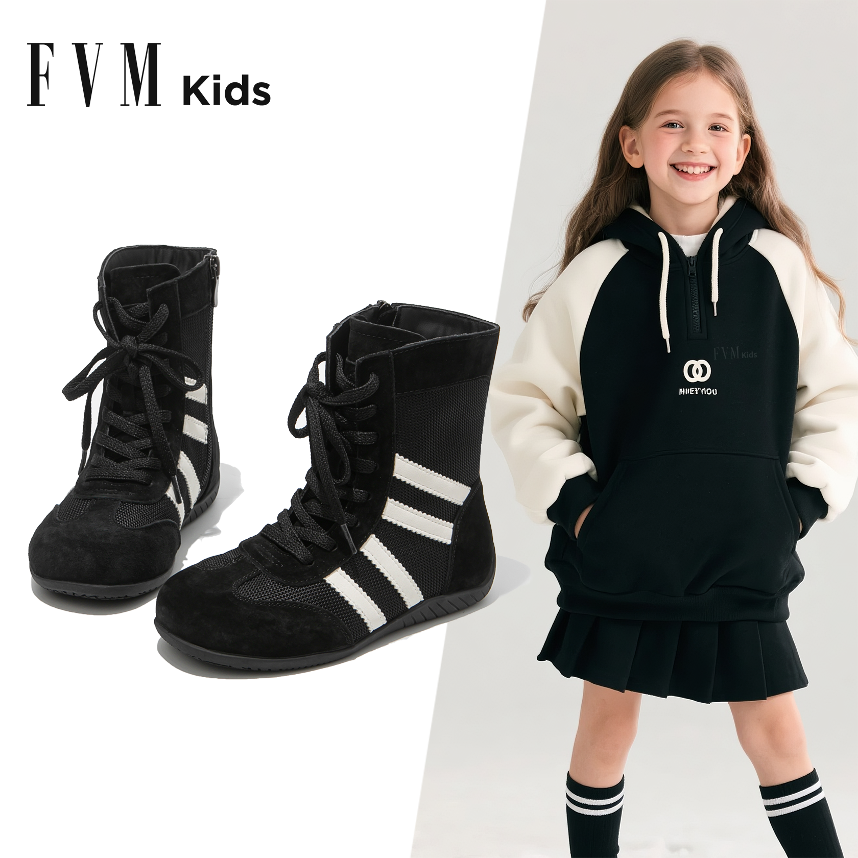 FVM女童鞋子儿童黑色德训运动板鞋2025新款秋冬季加绒二棉中大童