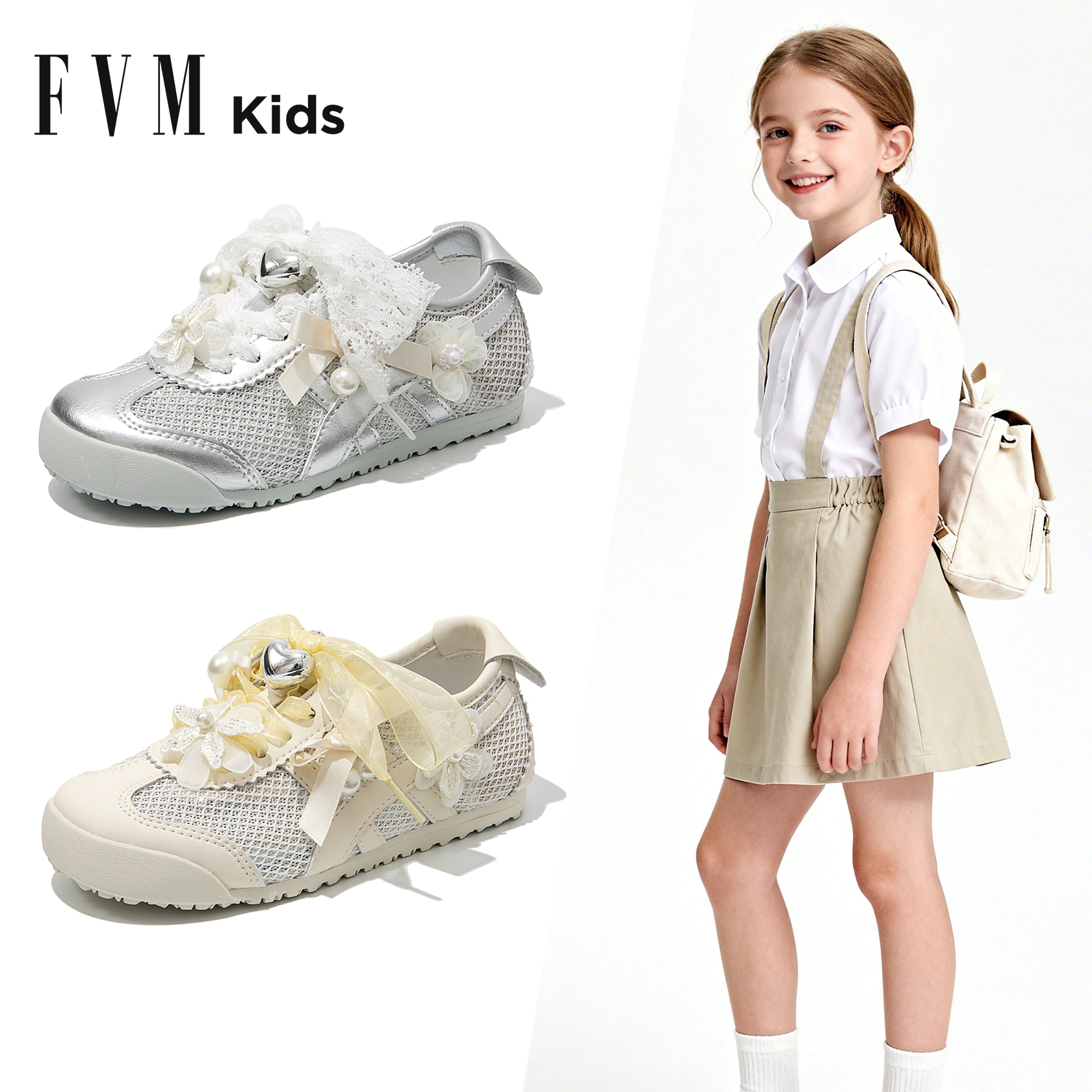 FVM女童鞋子儿童德训运动板鞋2026新款夏季夏款大童银色透气薄款