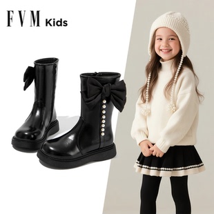 女童鞋子儿童中筒靴子2025秋冬季新款洋气皮靴公主女孩加绒