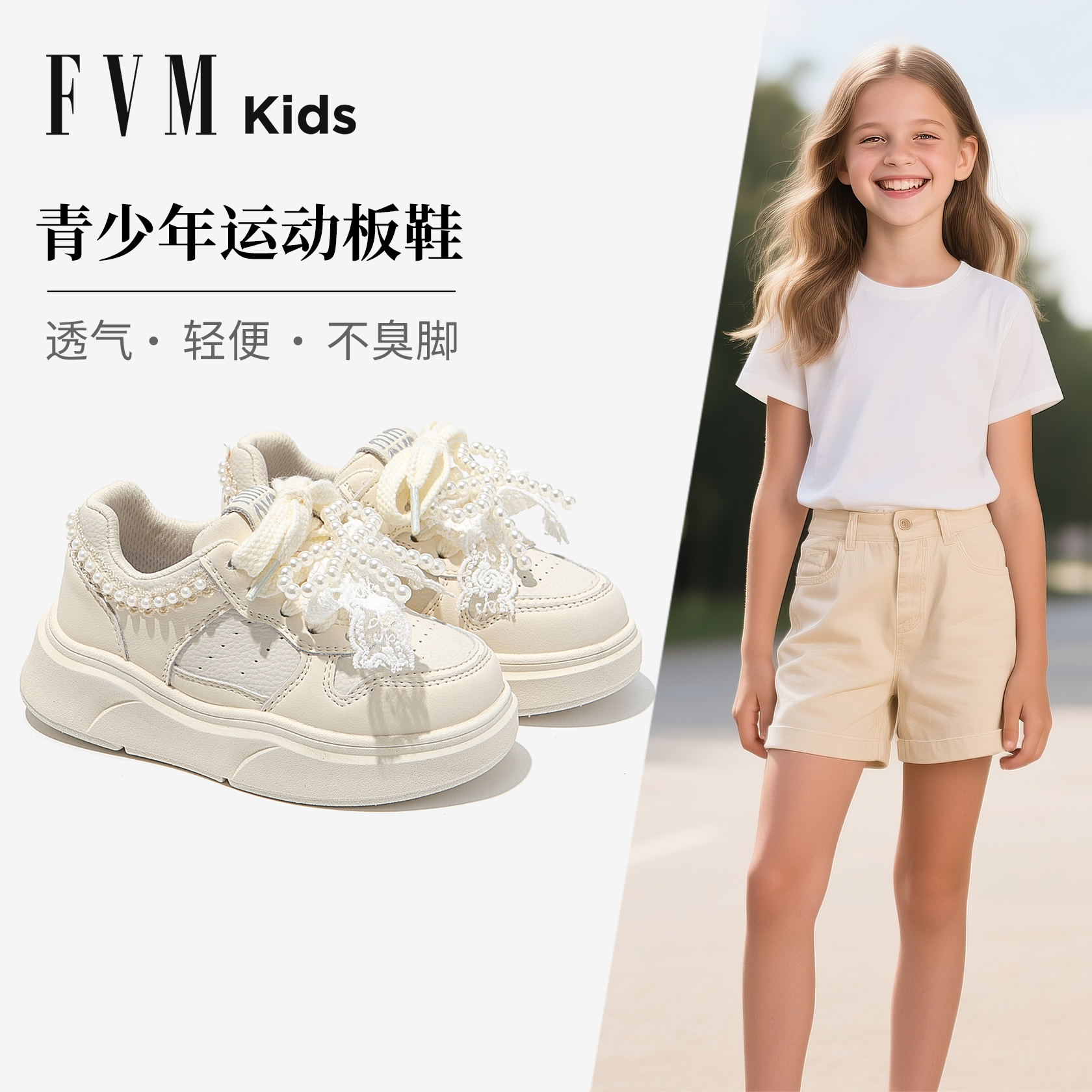 FVM青少年运动小白板鞋女童鞋2025新款夏季夏天儿童大童女孩透气