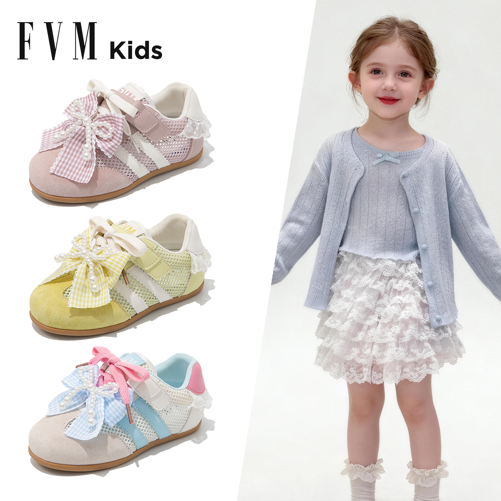 FVM女童鞋子儿童运动板鞋2026新款春季春款网面透气大童休闲德训