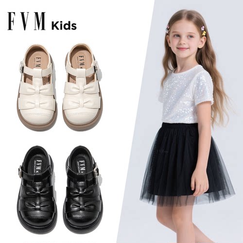 FVM女童鞋子儿童公主黑色小皮鞋