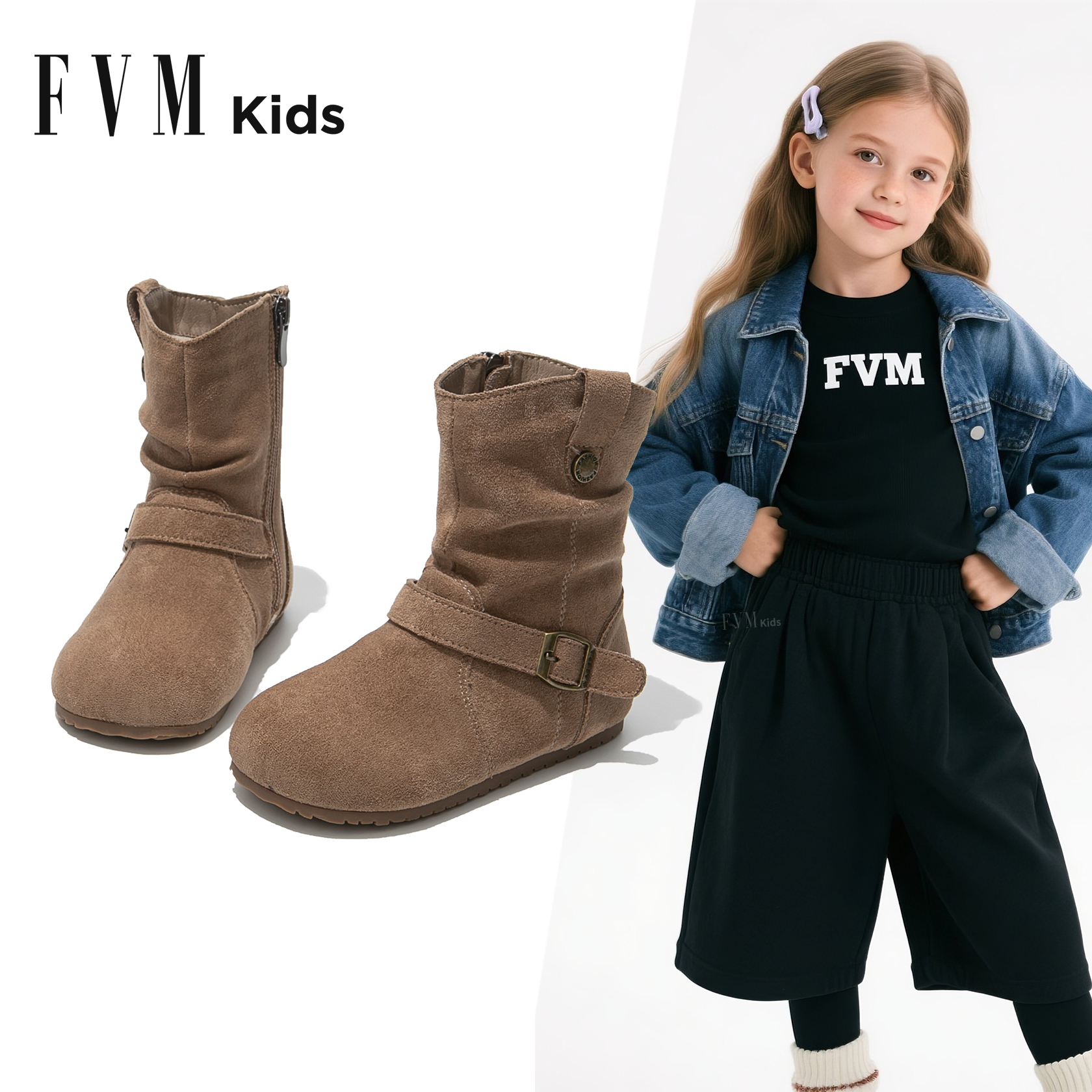 FVM女童靴子儿童马丁靴2025新款秋冬季宝宝中筒女孩堆堆皮靴勃肯