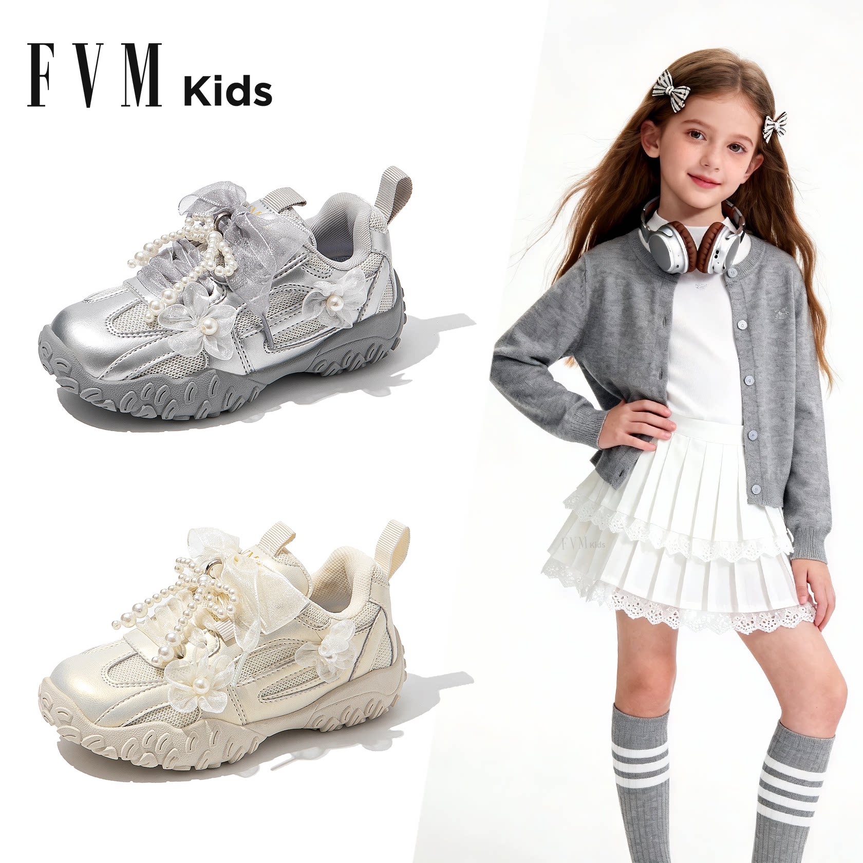 FVM女童鞋子儿童运动银色老爹鞋2026新款春季中大童网面透气德训