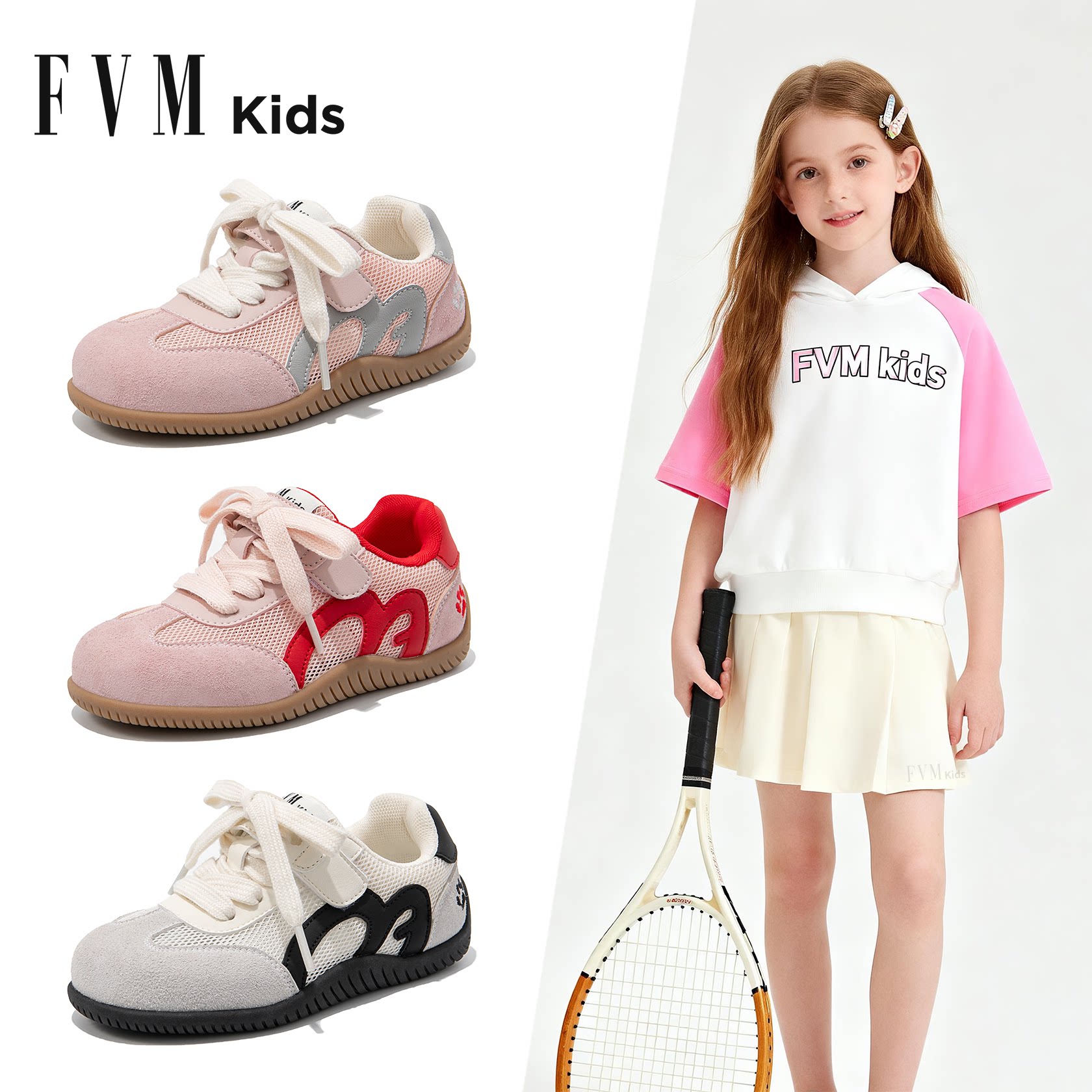 FVM女童鞋子儿童德训运动板鞋2026新款春季春款软底网面透气大童