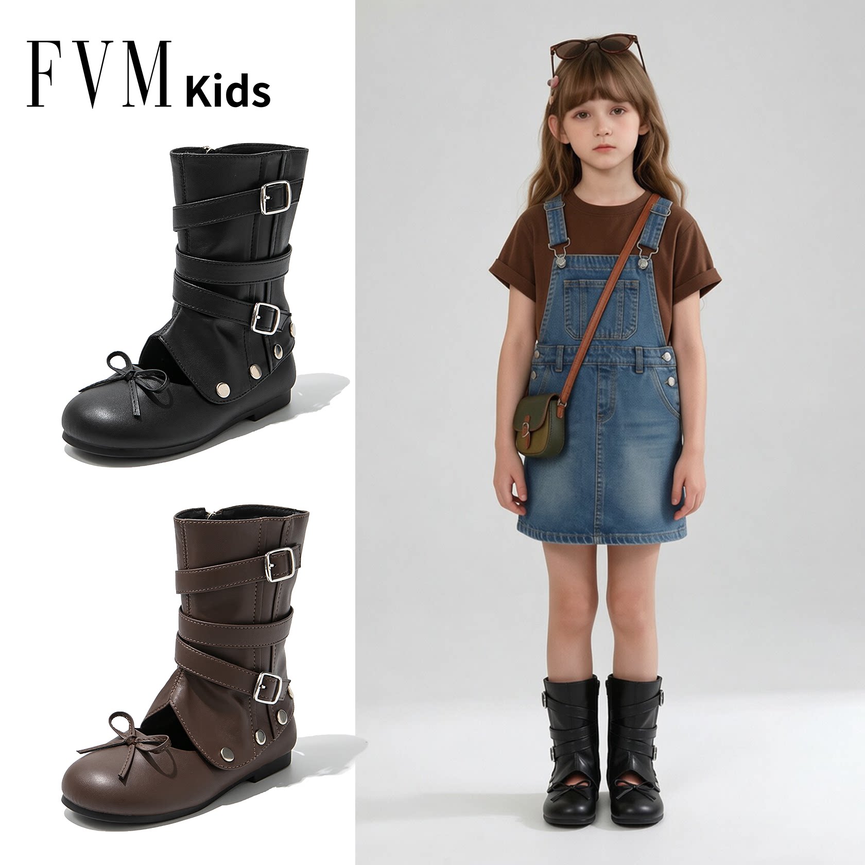 FVM女童鞋子儿童公主马丁皮靴子
