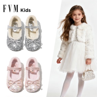 女童鞋子儿童水晶鞋公主闪亮小皮鞋2025新款冬季亮晶晶加绒毛毛鞋