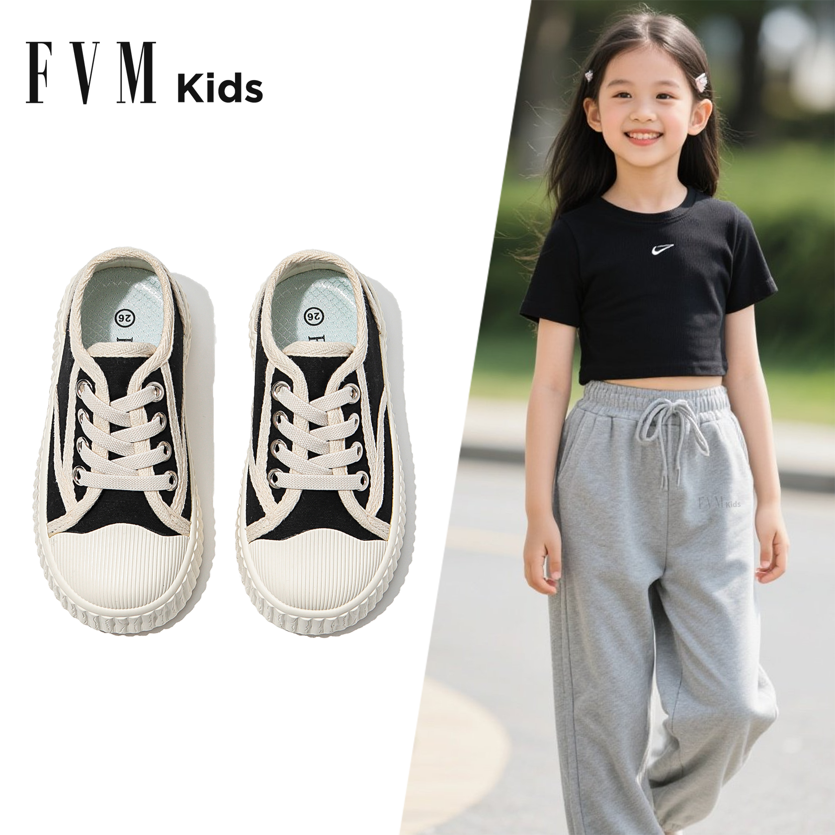 FVM女童薄款运动鞋儿童板鞋2025春秋款新款大童软底演出黑色鞋子