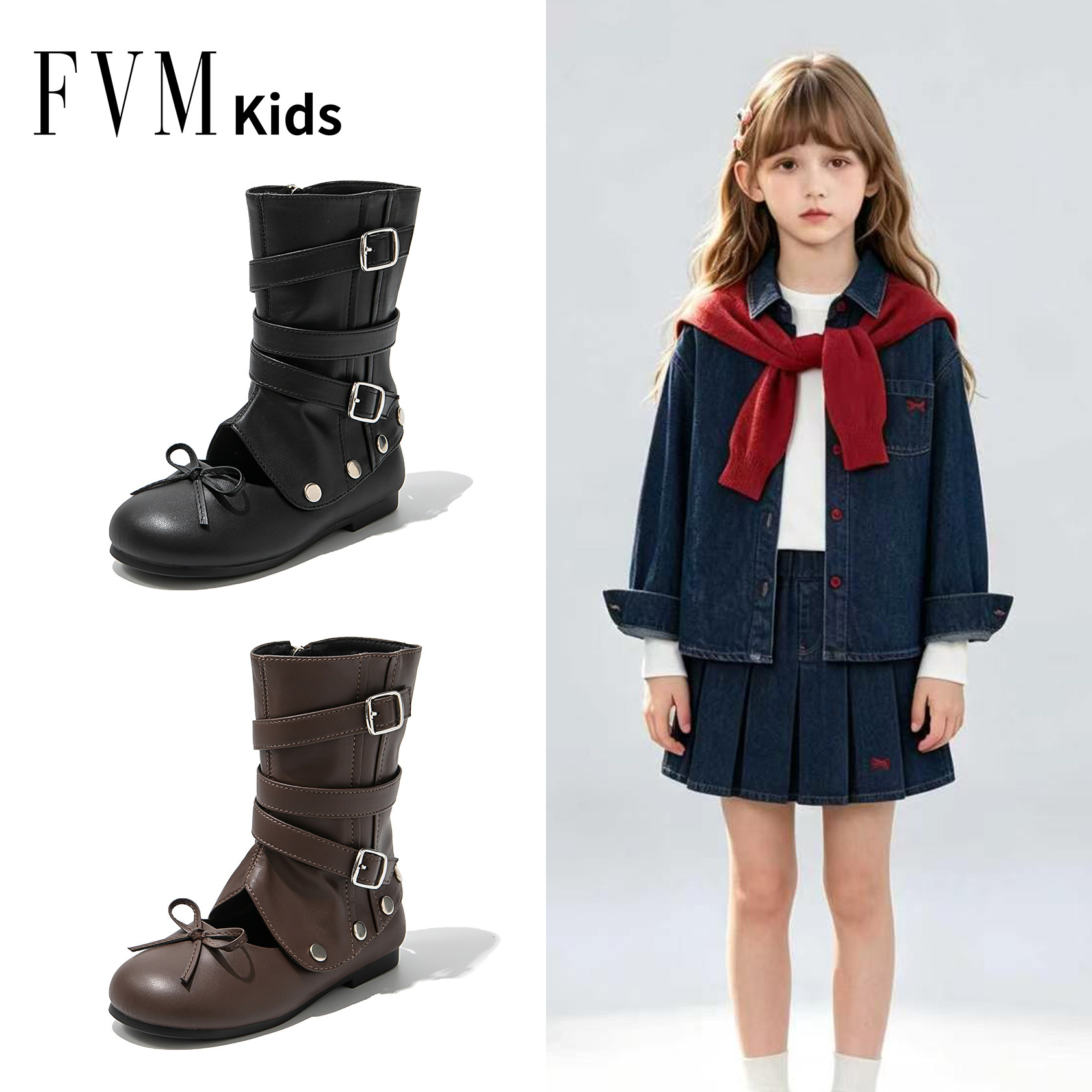 FVM女童鞋子儿童公主马丁皮靴子