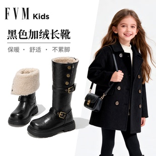 女童靴子儿童加绒长筒长靴2025新款冬季加厚女孩黑色高筒雪地皮靴