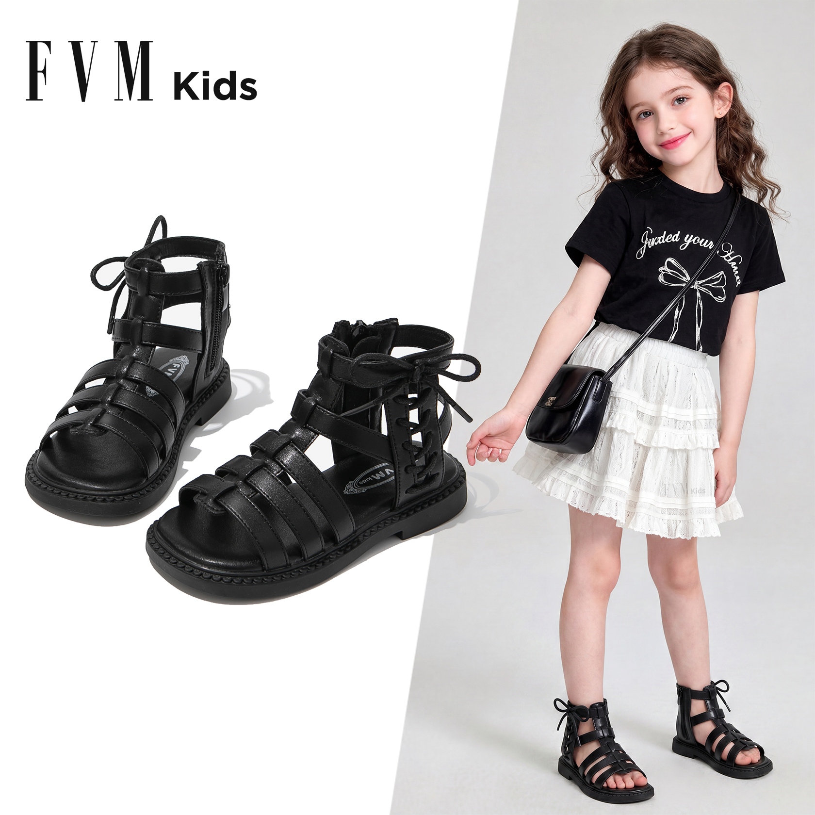 FVM女童鞋子儿童公主罗马凉鞋2026新款夏季夏款大童女孩软底黑色