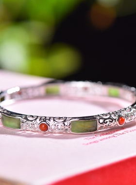 S925银镶嵌和田玉碧玉镂空珐琅手镯