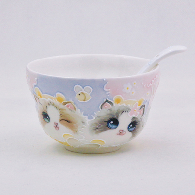 可爱猫咪卡通泡面碗陶瓷碗高温釉下彩手绘米饭碗勺子送礼礼品陶瓷