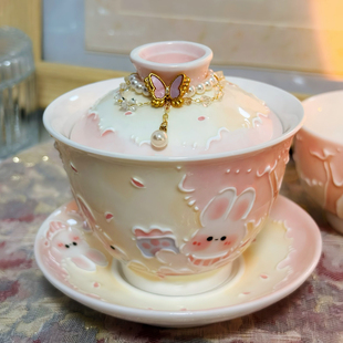 可爱樱花树兔子茶壶随行杯三才盖碗釉下彩主人杯泡茶具功夫茶具
