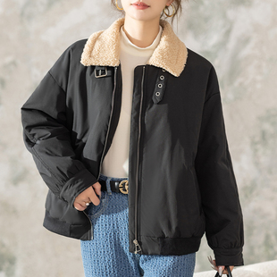 大码女装翻领羊羔绒短款外套胖MM秋冬款韩版加厚保暖夹克棉服上衣