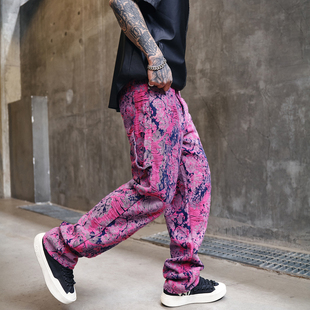 欧洲货重磅高货新款潮牌宽松直筒紫红色磨烂破坏水洗牛仔裤子紫红