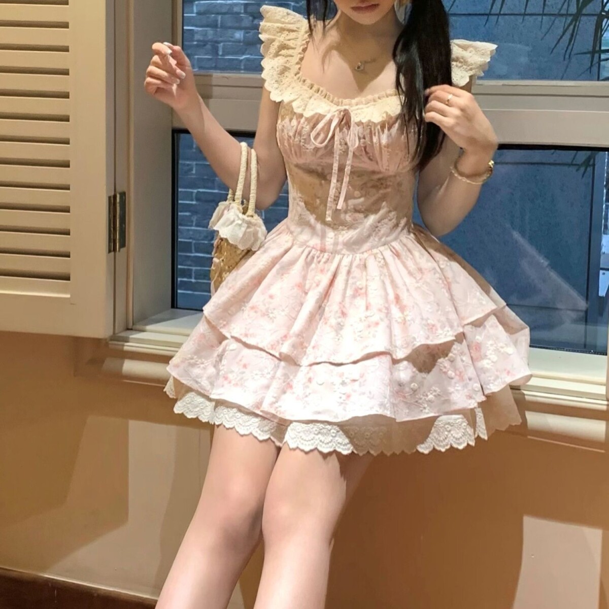 法式温柔风甜美小飞袖碎