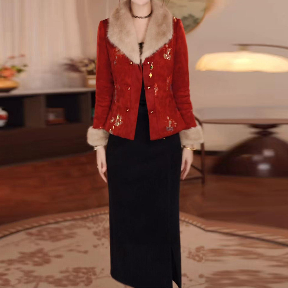 轻奢精致夹棉外套搭半身裙女2025冬季修身显瘦减龄中长款保暖套装