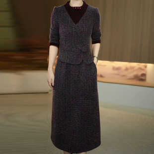 气质优雅雪花绒连衣裙女2025年秋冬季修身显瘦减龄遮肚中长款裙子