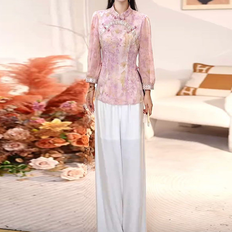 轻奢高级感国风九分袖上衣两件套女2026初春新款妈妈阔腿裤套装女