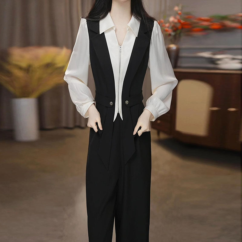时尚拼接假两件上衣两件套女2026春秋新款妈妈阔腿裤套装M-4XL