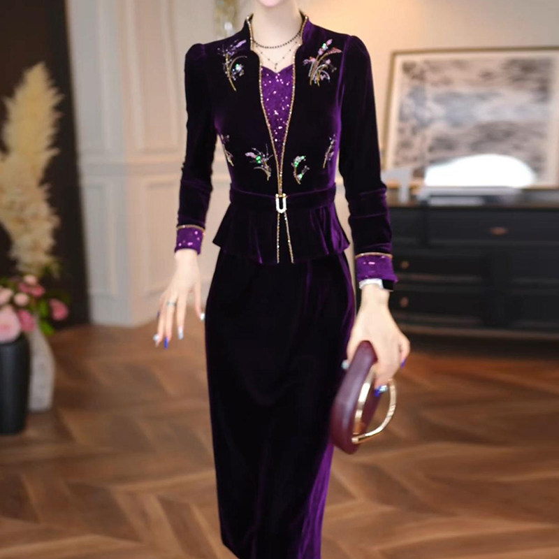 轻奢长袖显瘦连衣裙女2026春秋新款妈妈气质修身假两件中长款裙子