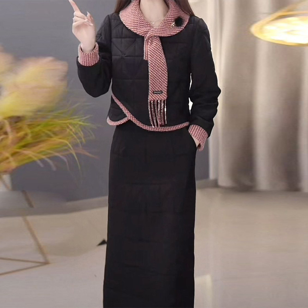 时尚夹棉上衣搭半身裙女2025年秋冬季修身显瘦减龄中长款保暖套装
