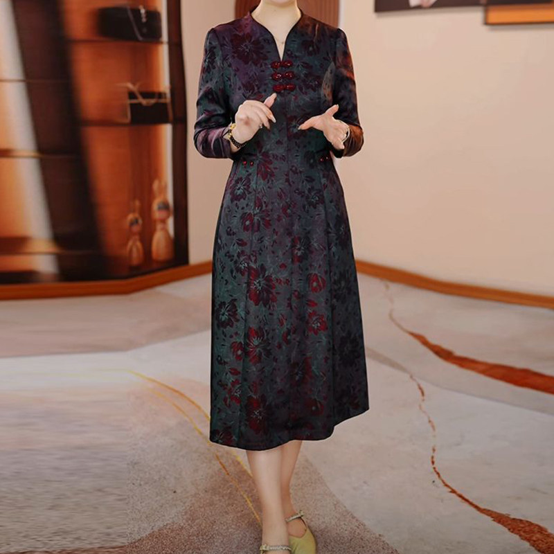 高档中式收腰优雅礼服裙2026春季中长款洋气大码妈妈装显瘦连衣裙