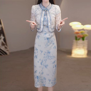 妈妈国风礼服套装 新款 裙 两件套改良旗袍连衣裙女2026夏季 高档罩衫
