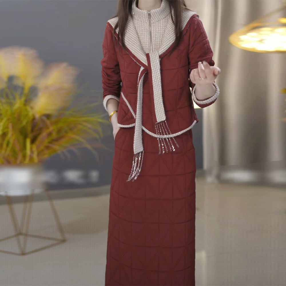 精致夹棉上衣搭半身裙女2025年秋冬季修身显瘦减龄遮肚中长款套装