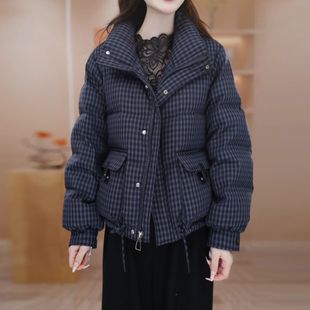 时尚格子短款羽绒棉服女2025冬季新款洋气立领加厚保暖面包服外套