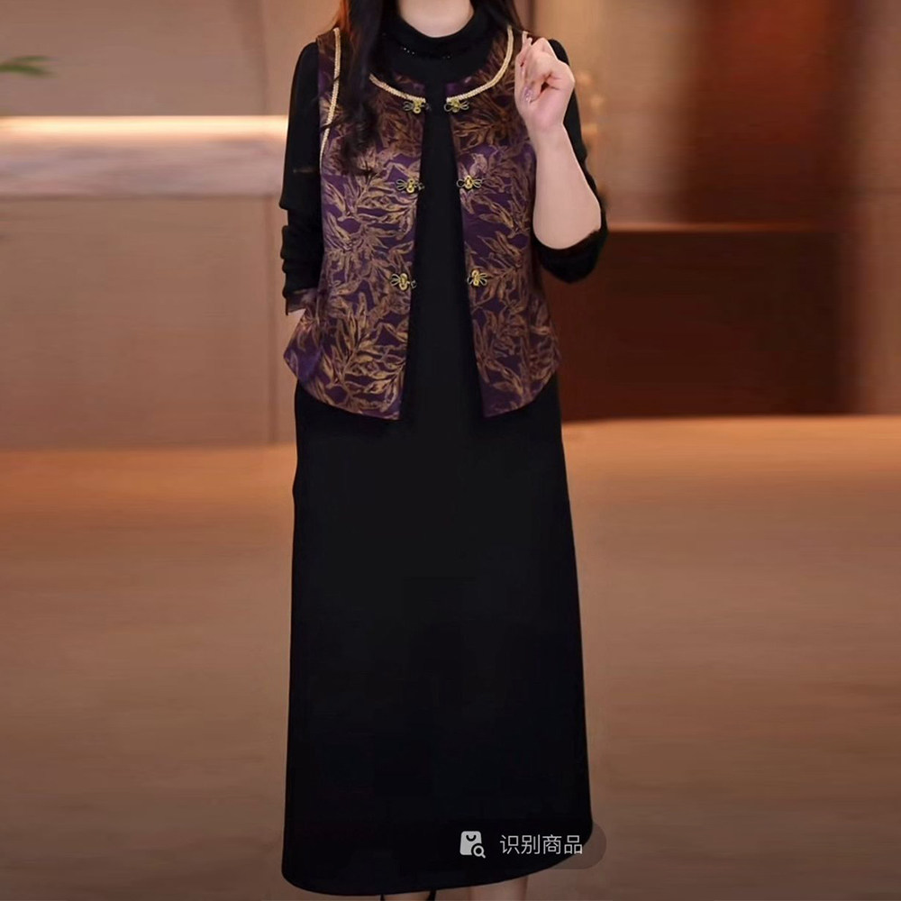 优雅珍珠缎马甲搭连衣裙女2025秋冬季休闲显瘦减龄遮肉中长款套装