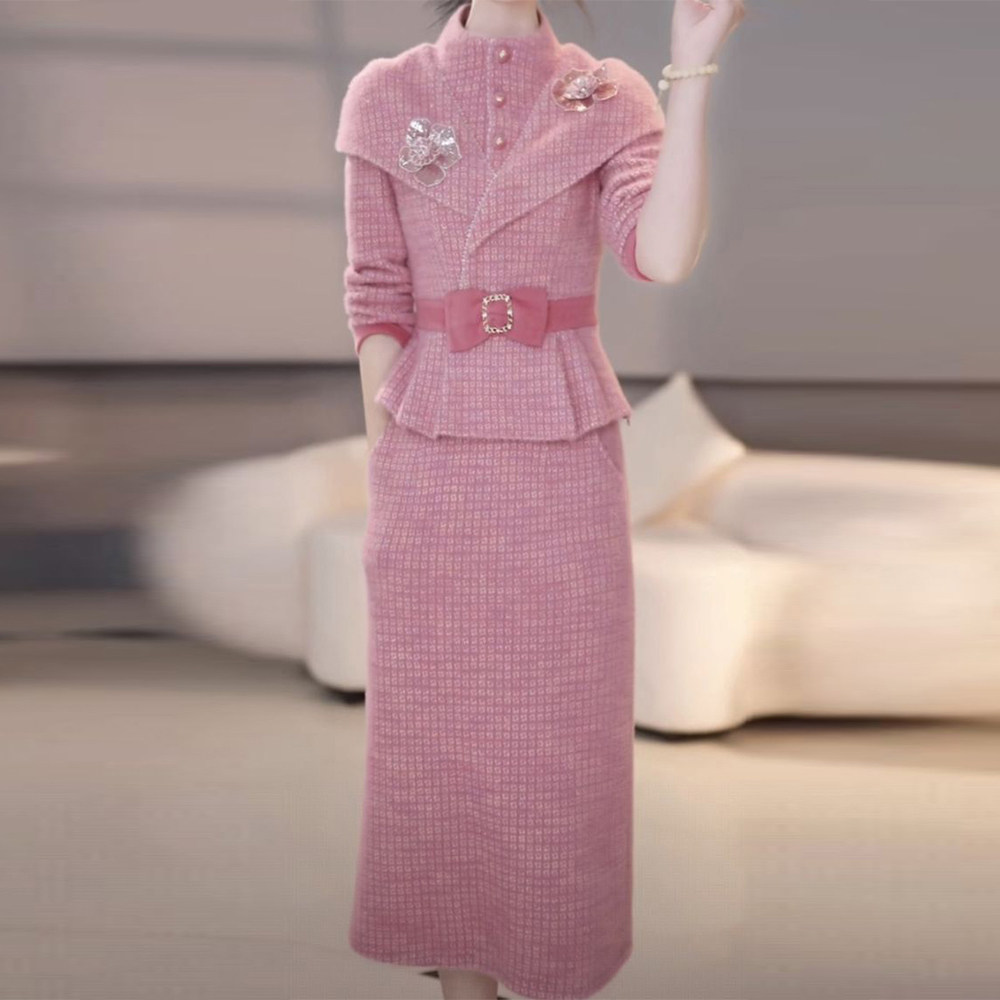 高档雪花绒小衫搭半身裙女2025秋冬季修身显瘦遮肚中长款保暖套装