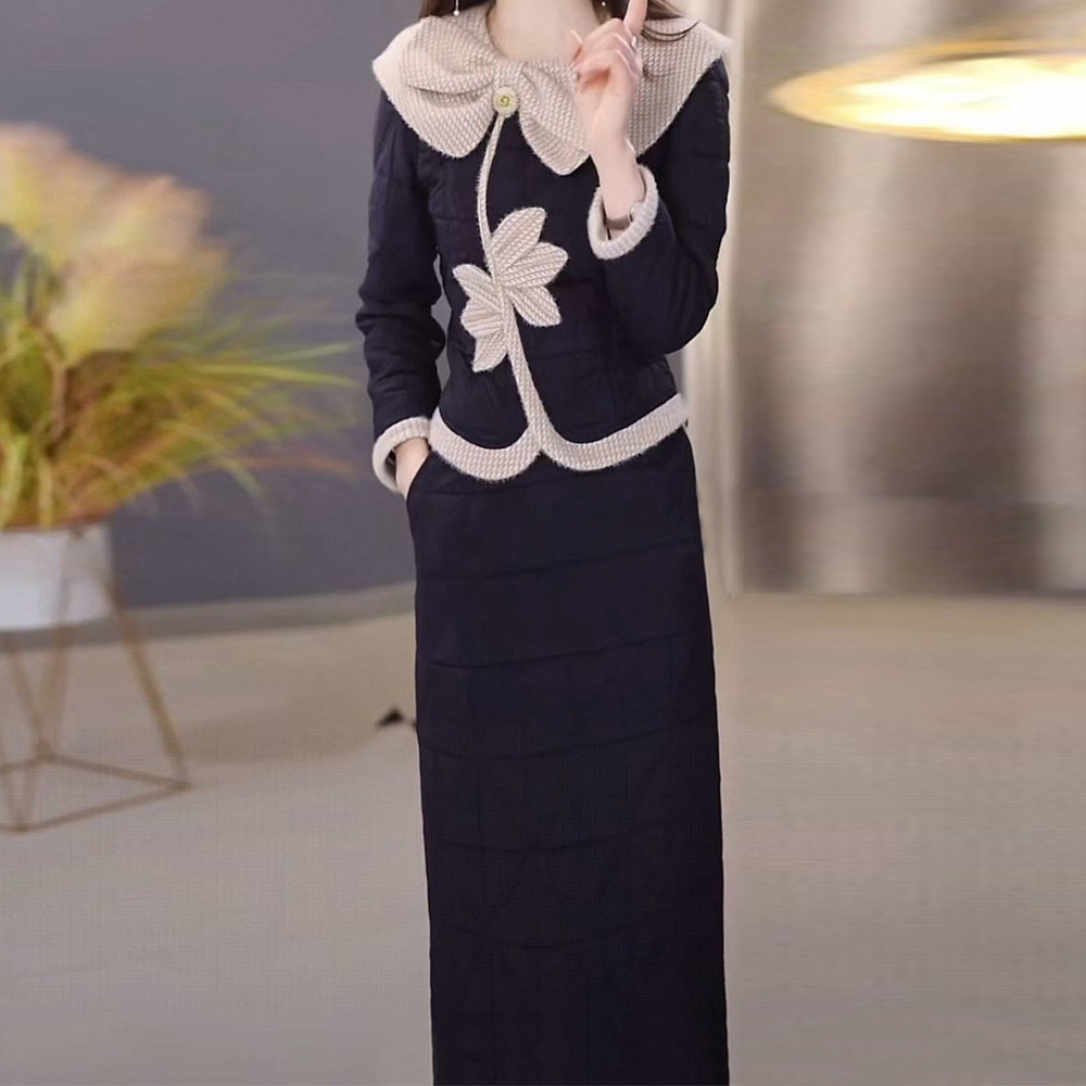 精致夹棉上衣搭半身裙女2025年秋冬季修身显瘦减龄中长款保暖套装