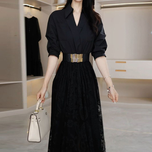 大码女装气质早秋新款简约通勤黑色长袖中长款连衣裙过膝收腰宽松