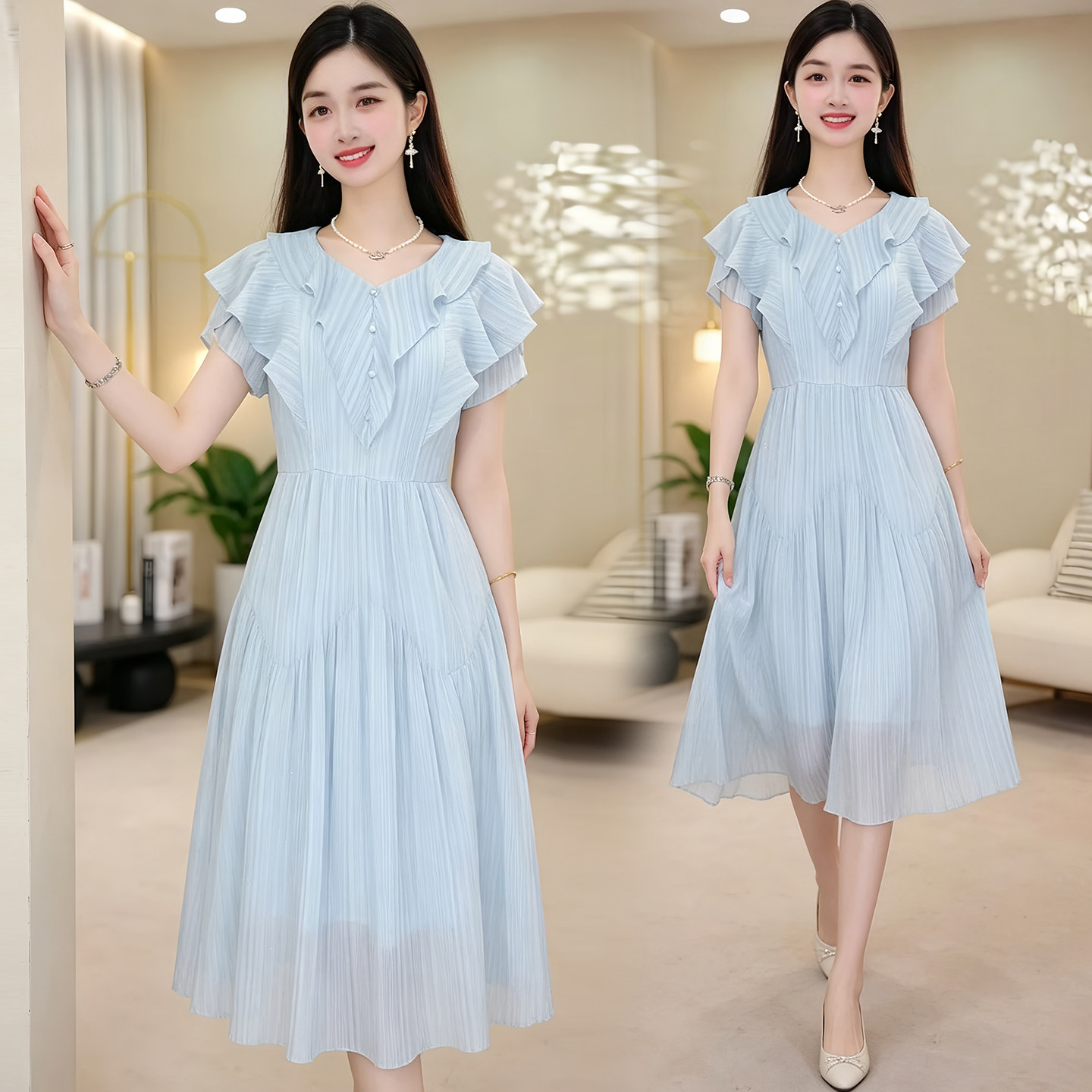 温婉精致轻羽丝连衣裙女2026年夏季修身显瘦减龄遮肚中长款裙子