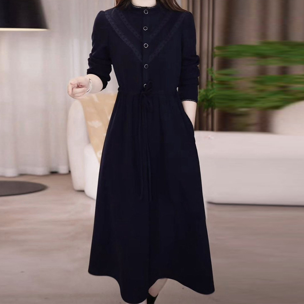 慕尧方显瘦气质长袖高贵时尚藏蓝色法式修身显瘦气质长袖连衣裙