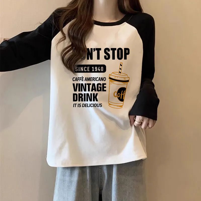 秋季2025撞色韩版拼接插肩长袖新款设计宽松T恤打底衫上衣百搭潮