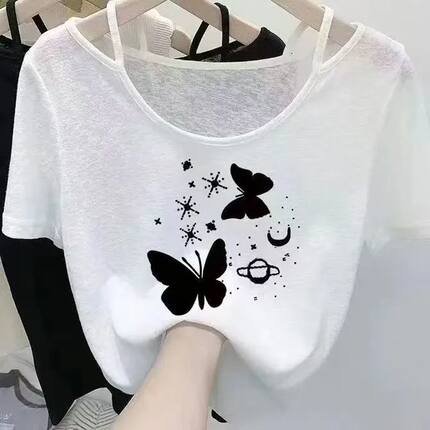 胖MM设计感小众露肩短袖t恤女夏季新款宽松百搭显瘦网纱吊带上衣