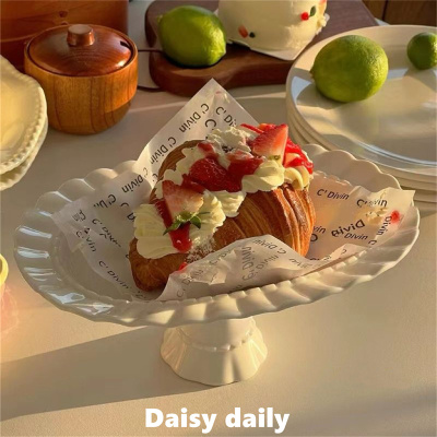法式花边陶瓷高脚蛋糕盘ins风椭圆下午茶甜品点心盘精致展示盘子