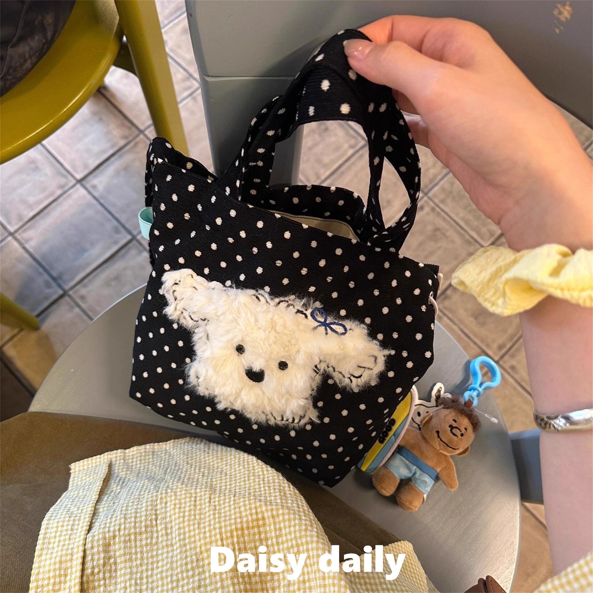 韩系ins可爱黑色波点小狗帆布包女大容量单肩包休闲托特包斜挎包