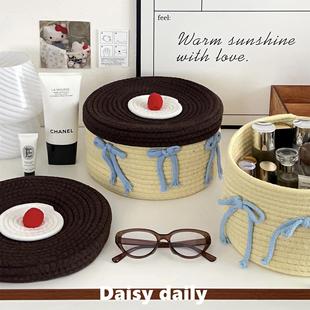 ins少女心高级可爱棉线编织收纳筐带盖防尘桌面收纳篮摆件收纳盒