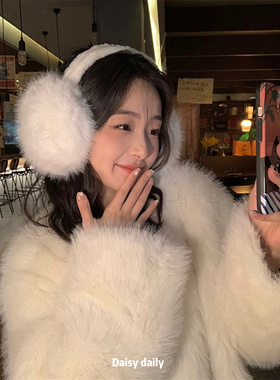 白色狐狸毛耳捂防寒保暖耳罩大头围骑车防冻毛绒耳包冬季护耳耳捂