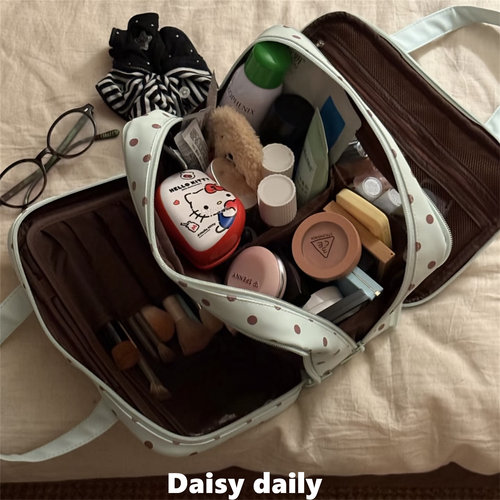 波点化妆包薄荷绿大容量三层分区便携旅行化妆包防水护肤品收纳袋